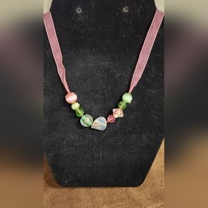 Pink, Green and Clear Glass Beaded Necklace on Pink Ribbon
